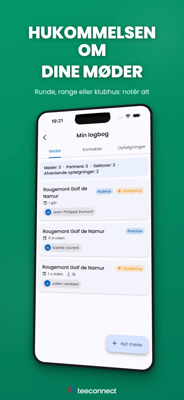 TeeConnect forretningslogbog til golf: møder, kontakter og opfølgninger