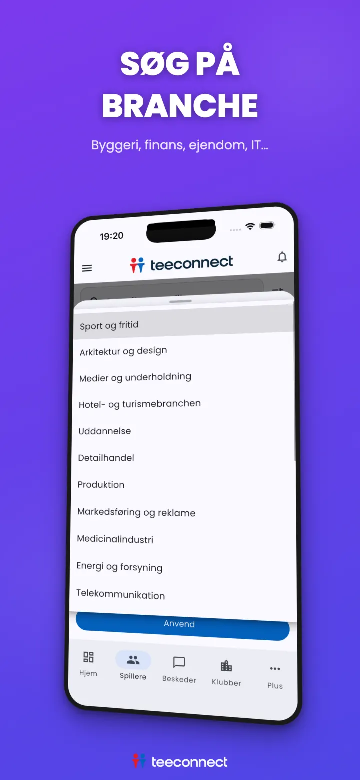 Søg golfpartnere efter branche i TeeConnect-appen