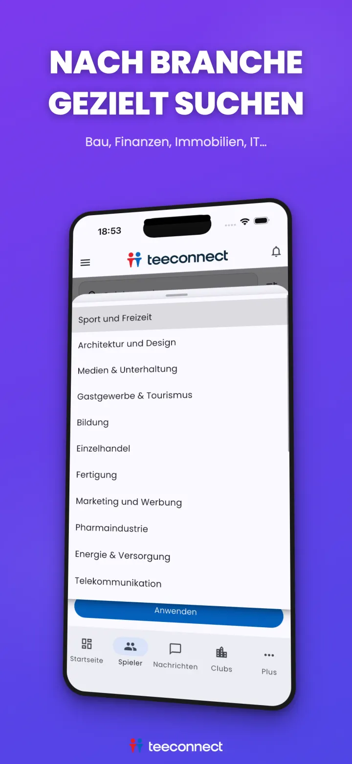 Suche nach Golfpartnern nach Branche in der TeeConnect-App