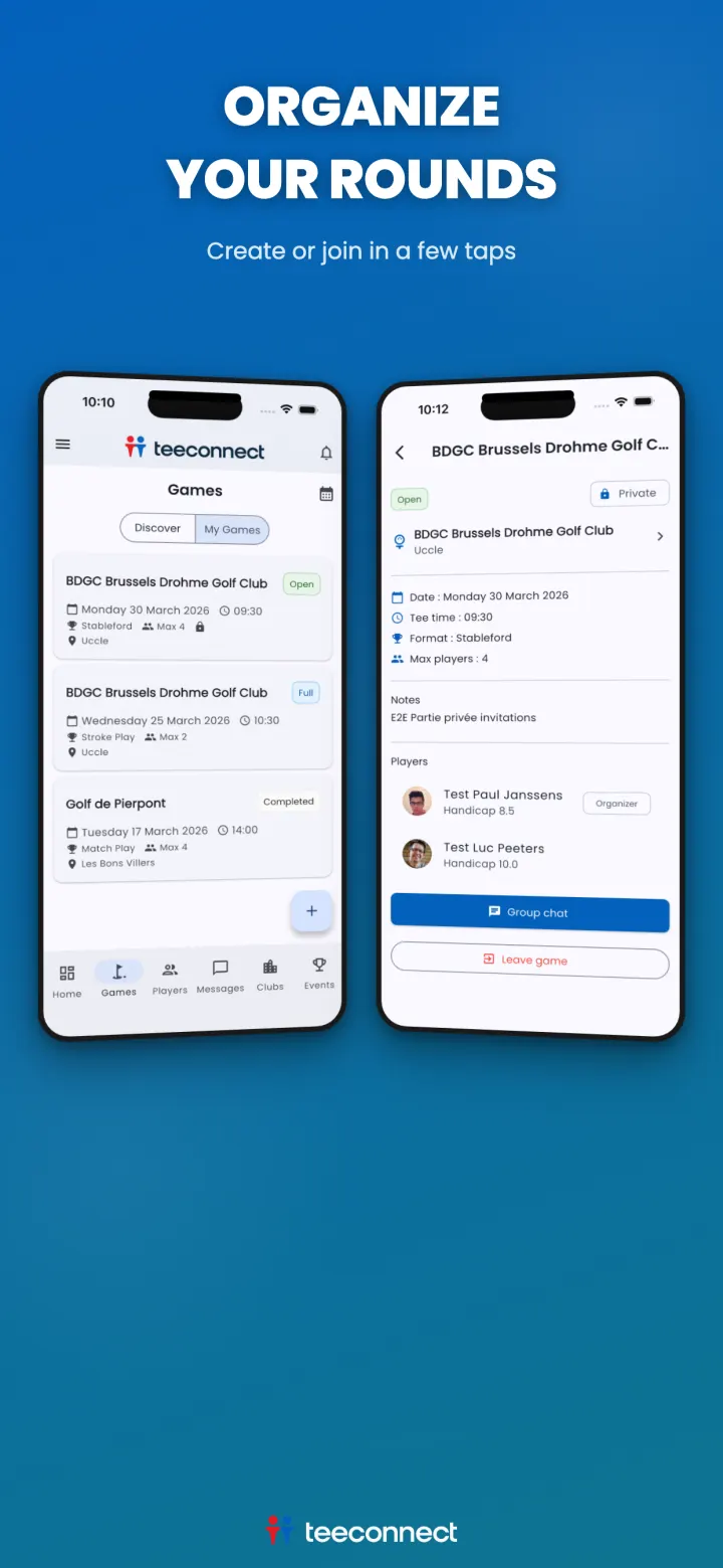 Organising a golf round in the TeeConnect app