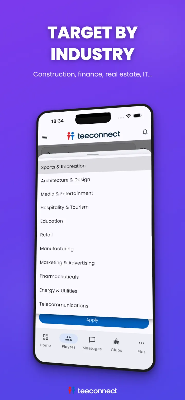 Searching golf partners by industry sector in the TeeConnect app