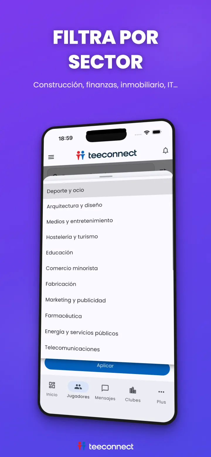 Búsqueda de compañeros de golf por sector de actividad en la app TeeConnect