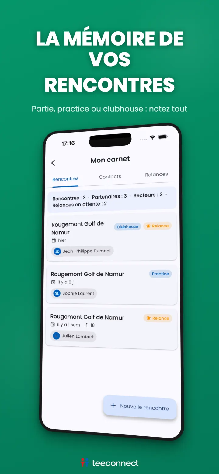 Carnet de golf d'affaires TeeConnect : rencontres, contacts et relances