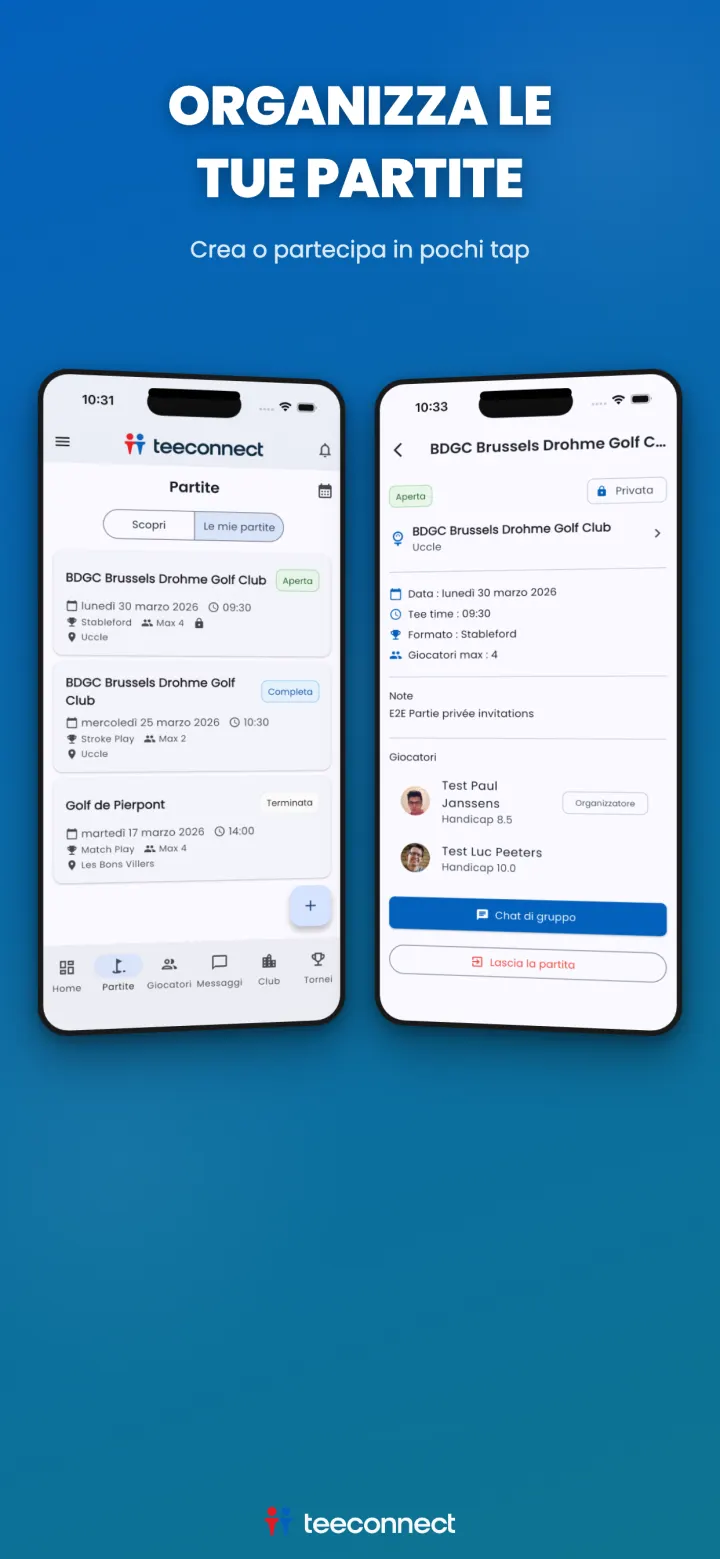 Organizzazione di una partita di golf nell'app TeeConnect