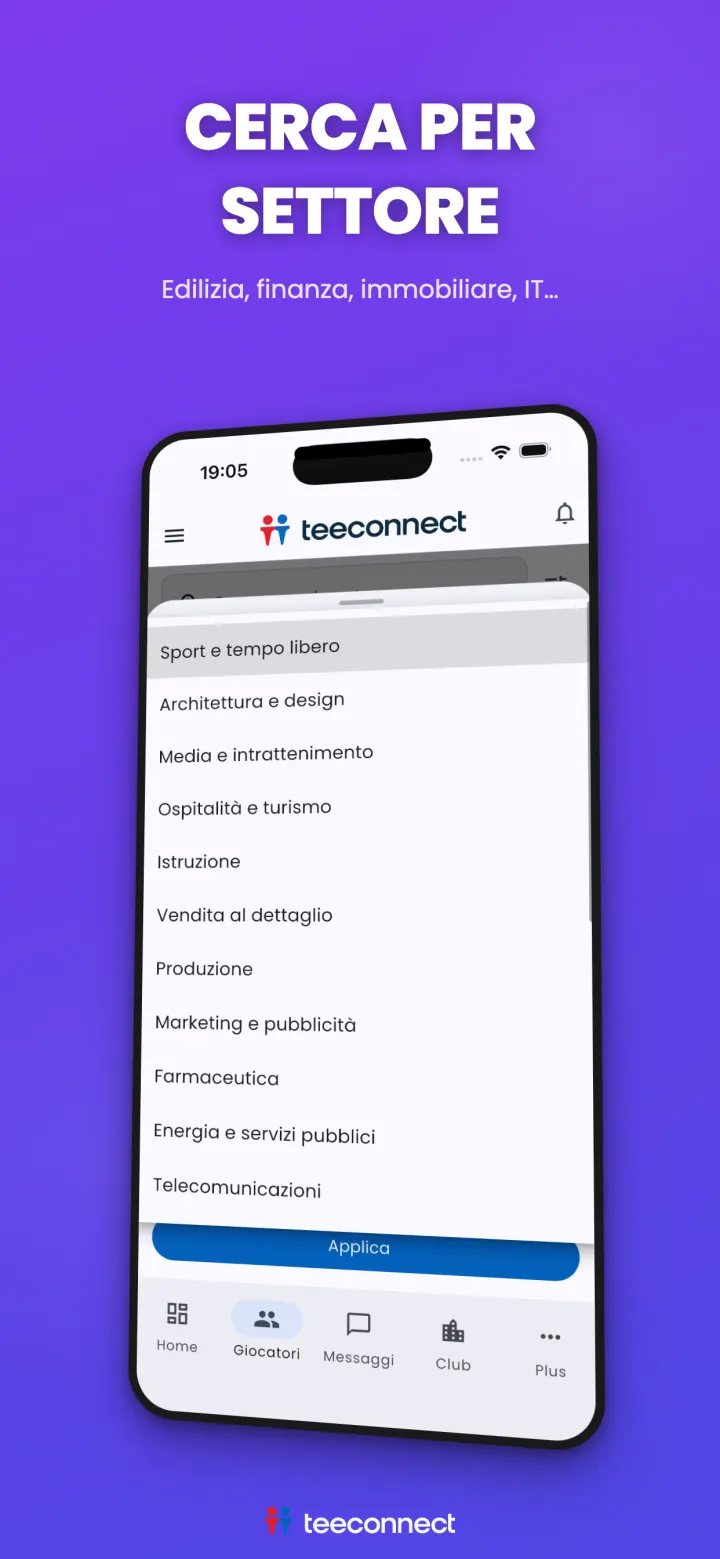 Ricerca di partner di golf per settore di attività nell'app TeeConnect