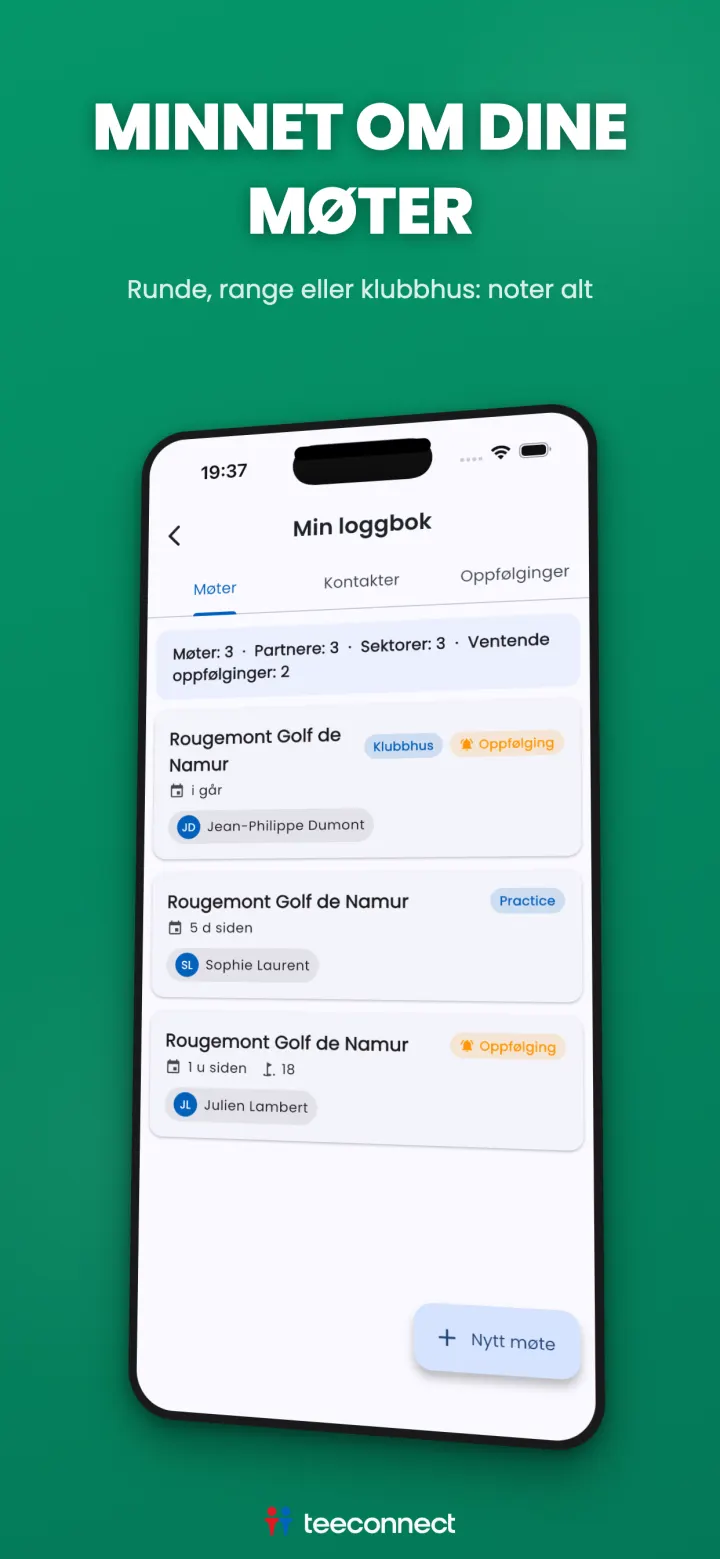 TeeConnect forretningslogg for golf: møter, kontakter og oppfølginger