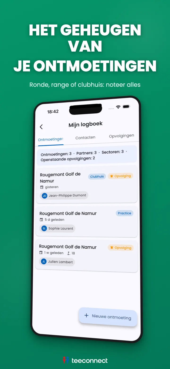 TeeConnect zakelijk golflogboek: ontmoetingen, contacten en opvolgingen
