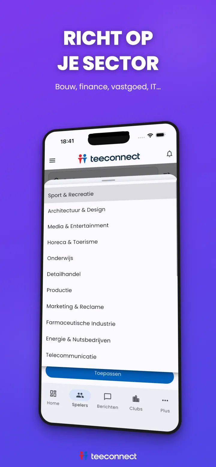 Golfpartners zoeken op bedrijfssector in de TeeConnect-app