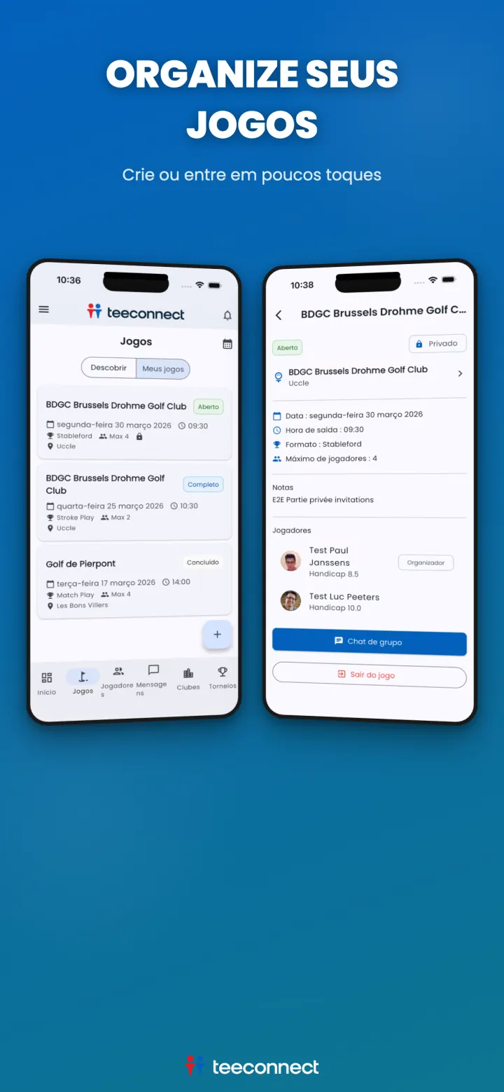 Organização de uma partida de golfe na app TeeConnect