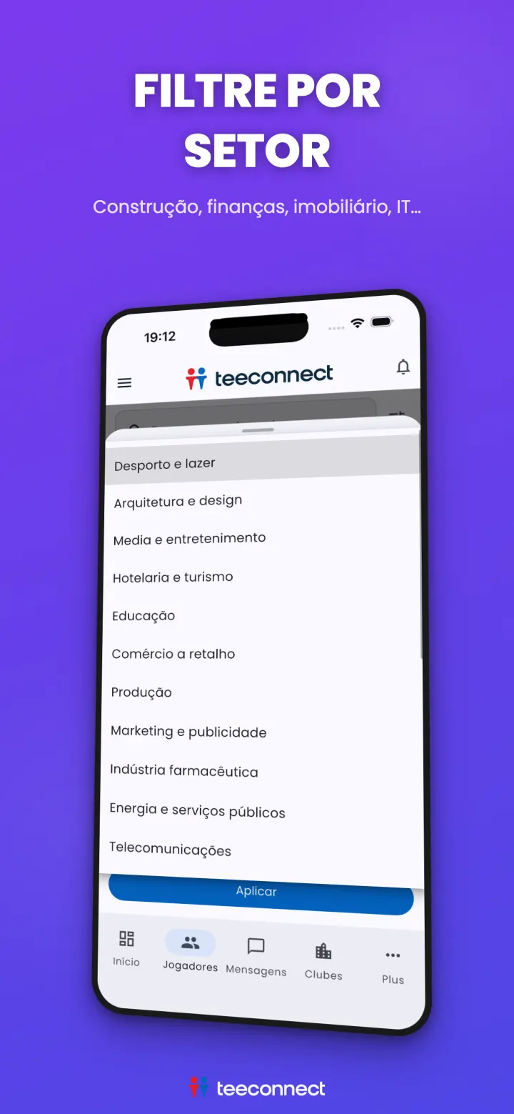 Procura de parceiros de golfe por setor de atividade na app TeeConnect