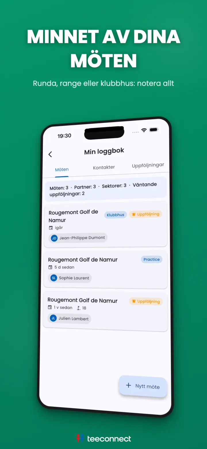 TeeConnect affärsloggbok för golf: möten, kontakter och uppföljningar