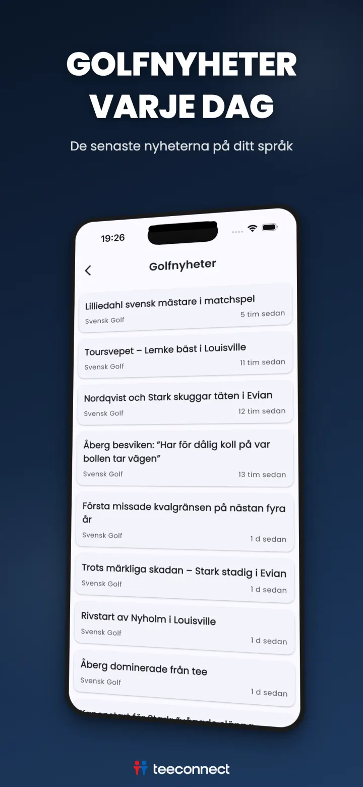Golfnyhetsflöde i TeeConnect-appen
