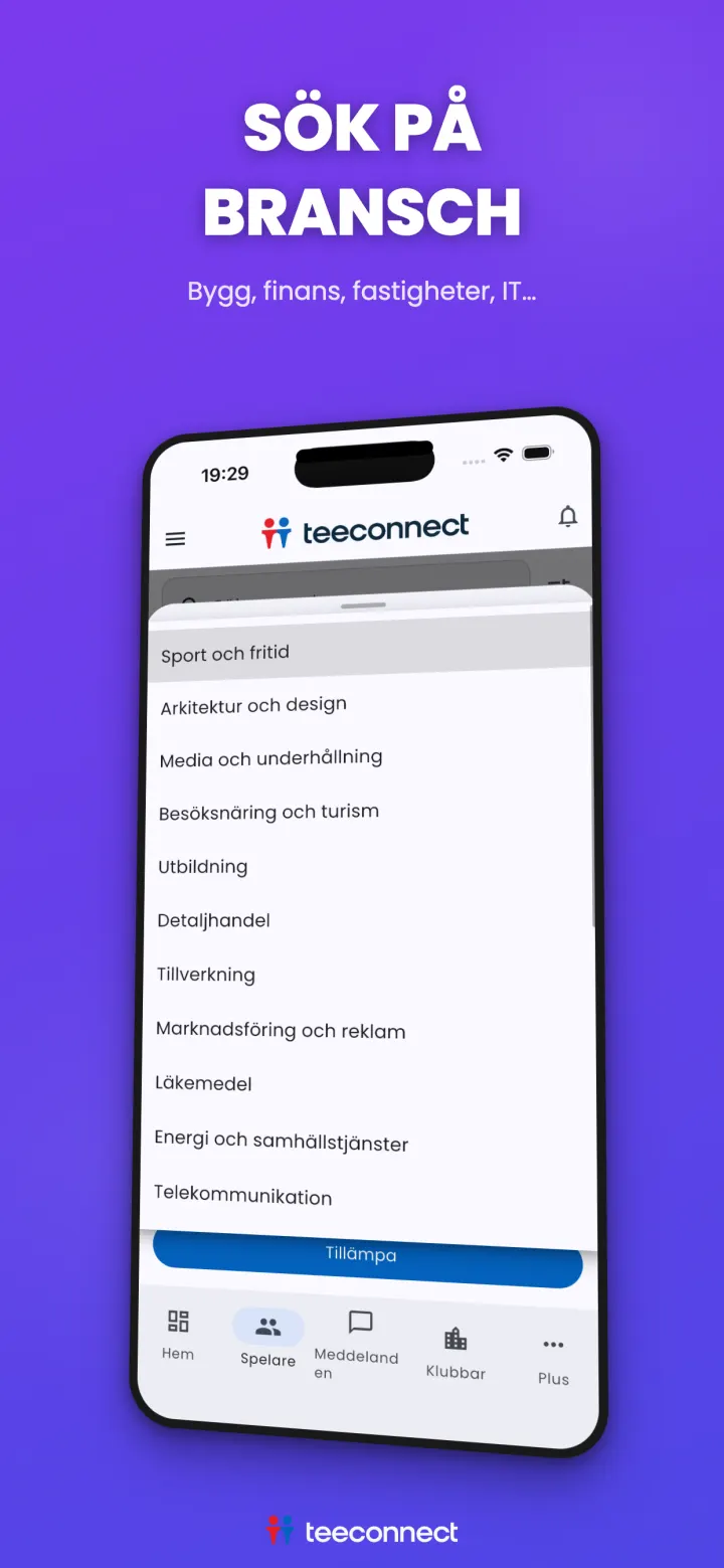 Sök golfpartners efter bransch i TeeConnect-appen